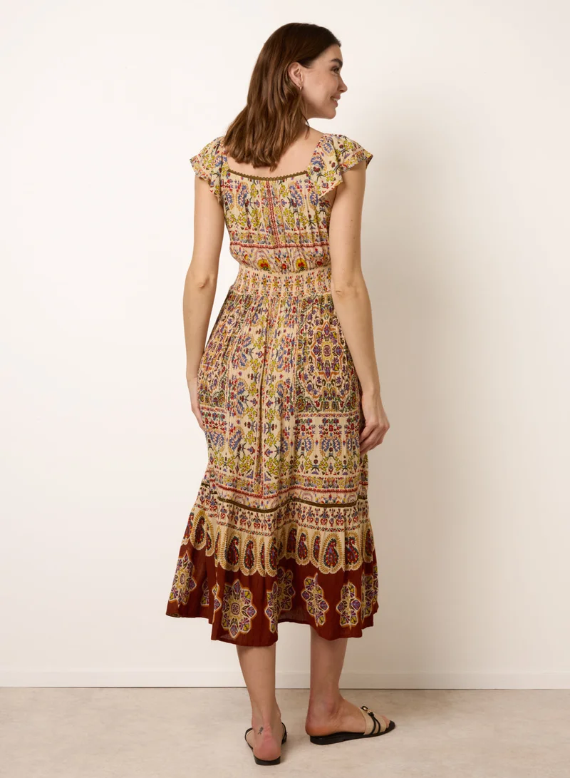 بلو فانيلا V Neck Embroidery Trim Paisley Maxi Dress